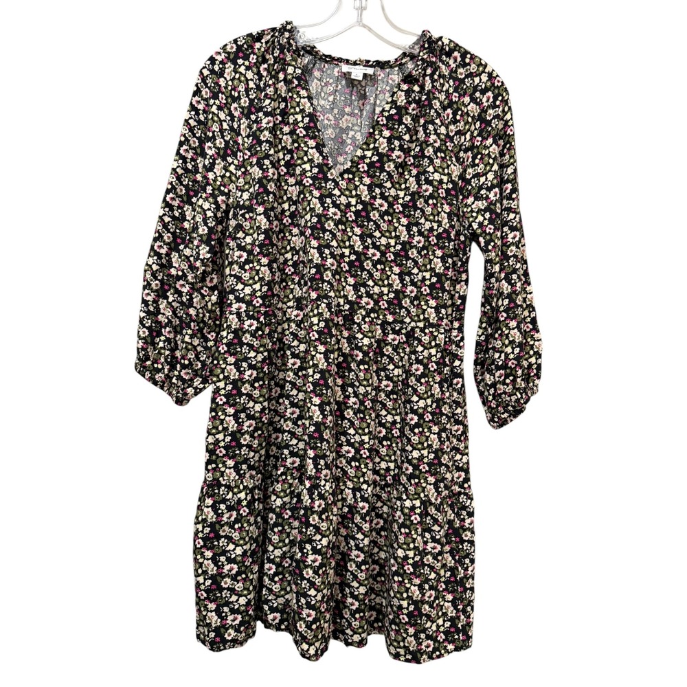 Caralyn Mirand x The Drop Floral V-Neck Tiered Mini Dress Black Pink Small